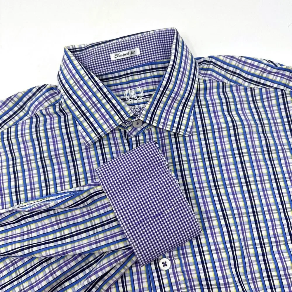 Bugatchi Blue Purple Yellow Striped‎ Long Sleeve Button Up Shirt Mens Medium